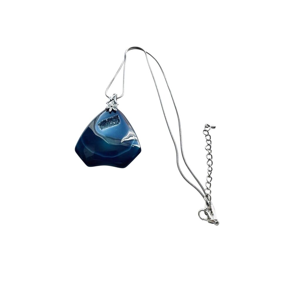 Blue Agate with Druzy Quartz Silver Snake Necklace  #7017